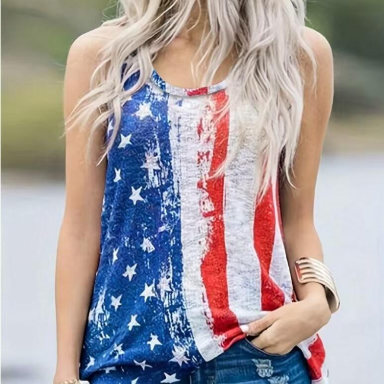 Ladies' Versatile Round Neck Casual Off Shoulder Holiday Flag Print Vacation Style Fashionable Vest