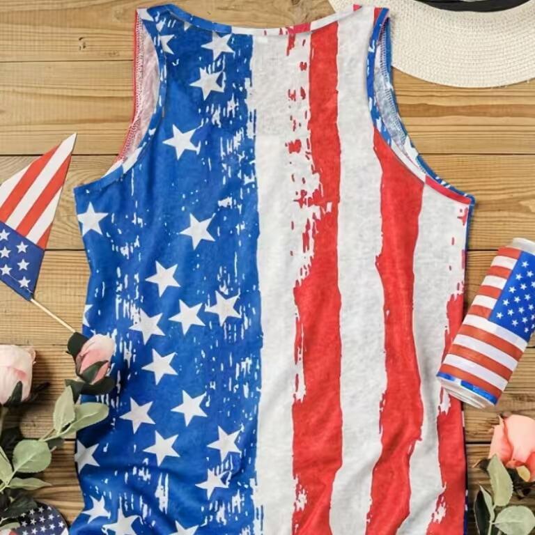 Ladies' Versatile Round Neck Casual Off Shoulder Holiday Flag Print Vacation Style Fashionable Vest