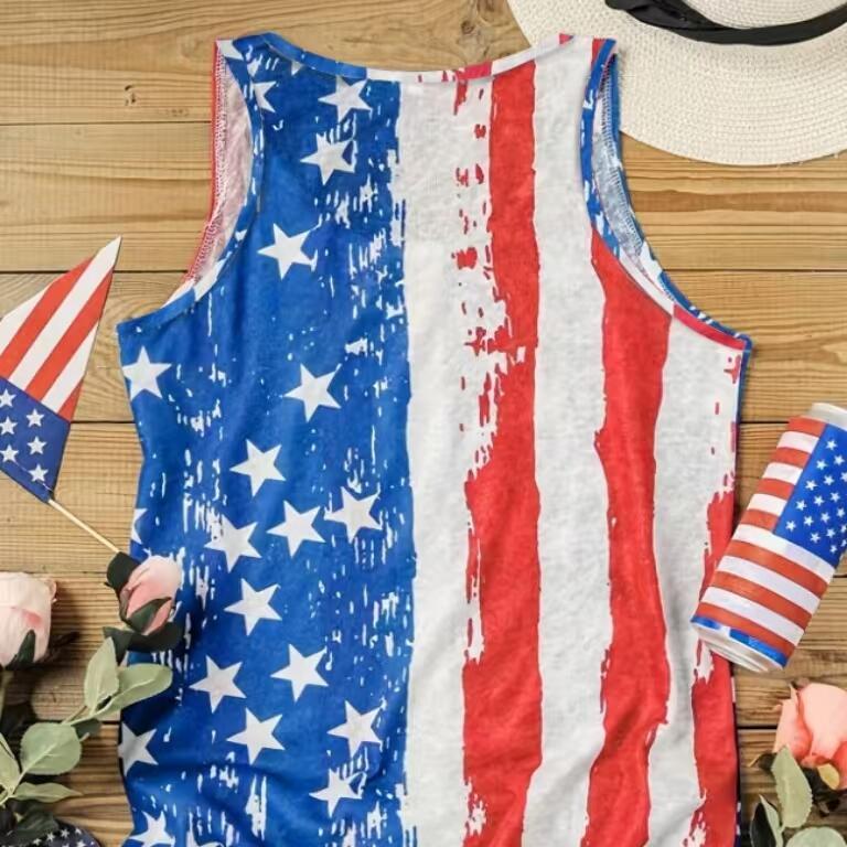 Ladies' Versatile Round Neck Casual Off Shoulder Holiday Flag Print Vacation Style Fashionable Vest