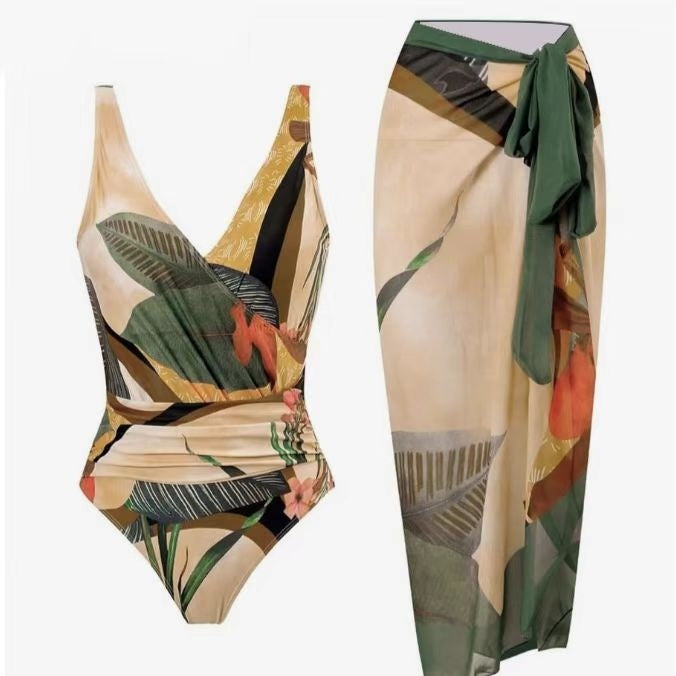 Women's Beach Beach Two Piece Plant Printed V-neck Top Strap Skirt Set