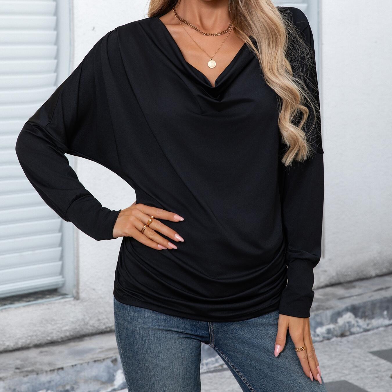 Women's Pile Collar Pleated Top Long Sleeved T-shirt