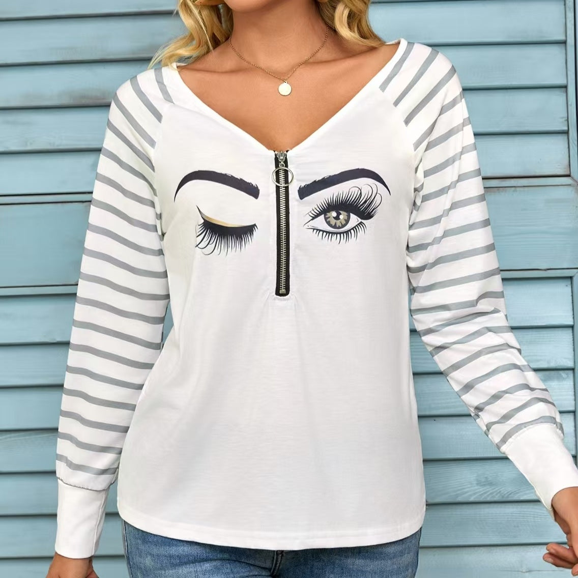 Ladies' Casual Striped See Through Mesh Raglan Long Sleeved V-neck T-shirt Top