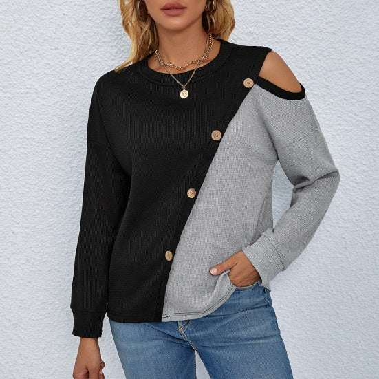 Women's Patchwork Simple Casual Versatile Long Sleeved Pullover Knitted Sweater